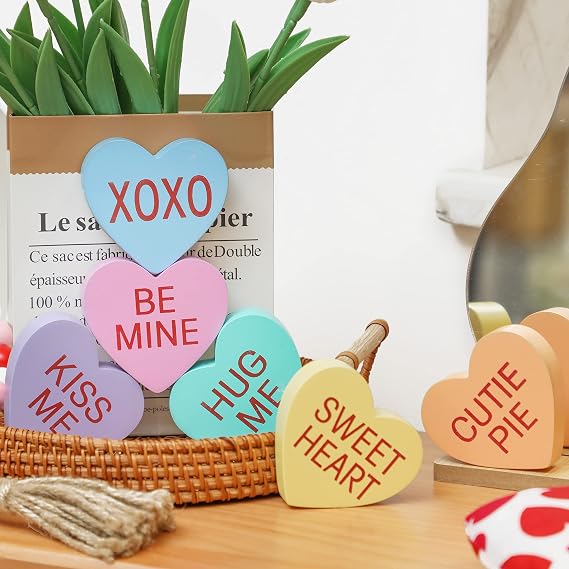 Valentine's Day Decorations Heart Wooden Sign Heart Farmhouse Candy Hearts Shape Valentines Tiered Tray Decor Tabletop Table Blocks for Wedding Party Decor