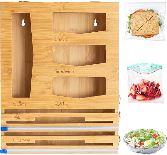 Fluorite Bamboo Kitchen Drawer Organizer for Foil and Plastic Wrap - Ziplock Bag Holder for Drawer - Bag Storage Organizer - Drawer Organizer for Ziplock Bags, Foil, and More