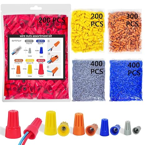 Wire Nuts Assortment Kit 1500 PCS Insulating Insert Twist Electrical Wire Connectors Nuts, Springs Screw Terminals Wire Caps for Wire Connection, 5 Sizes