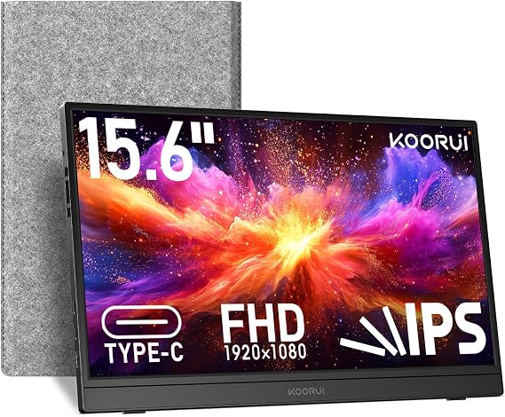 KOORUI 15.6 inch Portable Monitor FHD 1080P IPS External Display, Second Screen for Travel and Office, USB-C HDMI Gaming Monitor with Kickstand & Speakers for Laptop PC