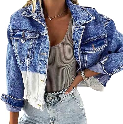 LOGNYIDA Womens Denim Jacket Long Sleeve Cropped Button Down Jean Jacket For Women