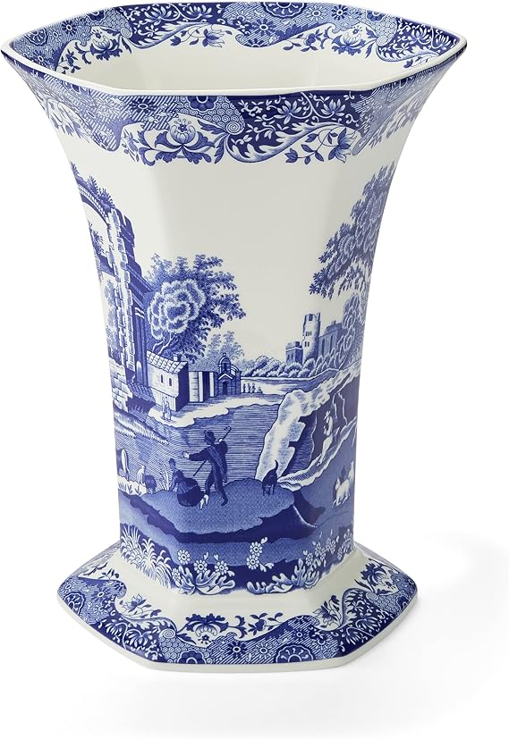 Spode Blue Italian Hexagonal Vase - 10.5" Porcelain Decorative Accent with Oriental-Inspired Detailing & Scenic Italian Countryside Design - Tabletop Centerpiece for Home Decor