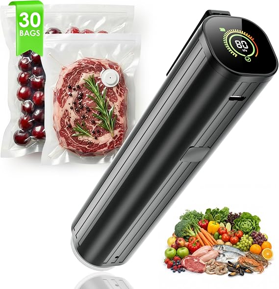 Elxis Vacuum Sealer, Portable handheld Vacuum Sealer + 30 Reusable Vacuum Bags, Portable Food Sealer, With LED pressure display, 2-Speed Pressure Control (60/80 Kpa)