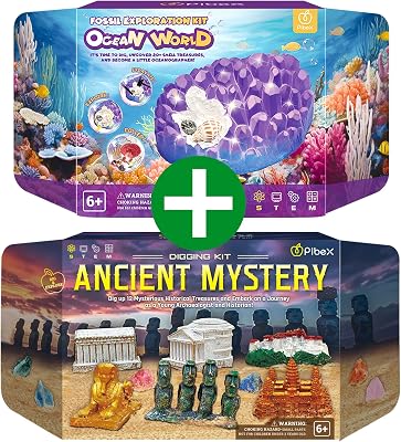 Ocean Fossil Dig Kit & Ancient Mystery Wonders Dig Kit, Dig up 20 Real Shells & Seasnails & 12 World Landmarks, STEM Adventure Set for Kids Aged 6 for Young Explorers