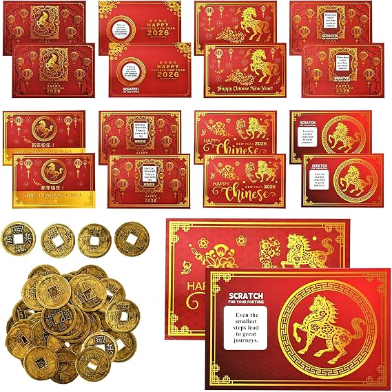 130 PCS Chinese New Year 2026 Scratch off Fortune Cards with 30 Feng Shui Coins Lunar New Year Fortune Cards for 2026 Years of The Horse Party Games Spring Festival Party Celebrations Activities
