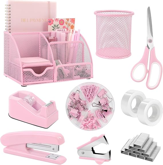 SKYDUE Pink Desk Accessories, Pink Office Supplies Set