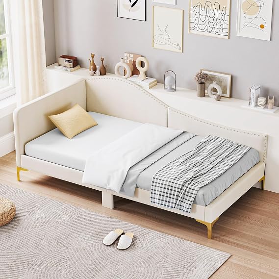 Giantex Twin Size Upholstered Daybed, Rivet-Tufted Platform Bed with Headboard, Metal Legs & Wood Slats, L-Shaped Corner Sofa Bed for Living Room & Guest Room, No Box Spring Needed, Beige