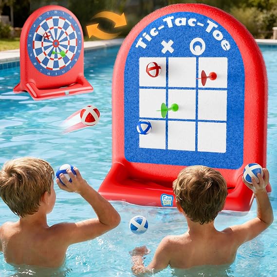 Funscape Kids Inflatable Dartboard Pool Toys Set, Fun Tic-Tac-Toe Toss Game | Swimming Pool Water Target Float, Outdoor Yard Sports Activity, Summer Beach Party Gift 3 4 5 6 Yr Boy Girls Child Family-Red