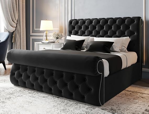 Sworn Sleigh King Size Bed Frame 5ft, Modern Plush Velvet Upholstered Panelled Design, Luxury King Size Beds for Stylish Bedrooms, Strong 5ft Bed Frame with Wooden Slats in Black Plush