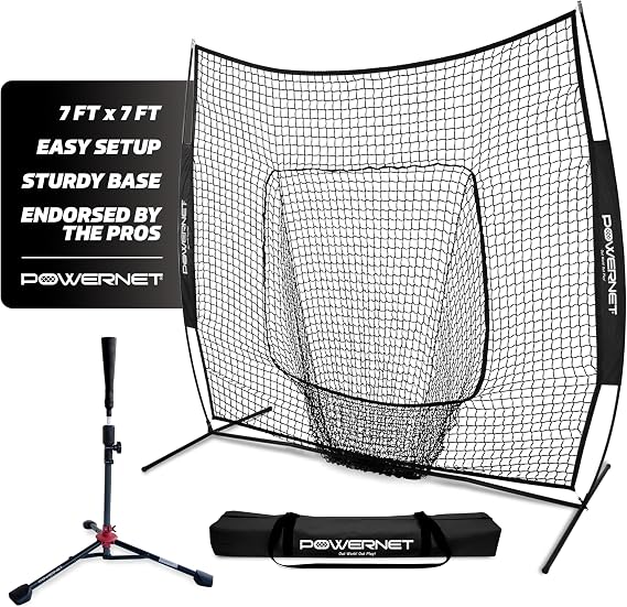 PowerNet Baseball Softball Practice Net 7x7 with Baseball Accessories for Practice Pitching, Batting & Fielding, Ball Caddy, Weighted Baseballs, Tee