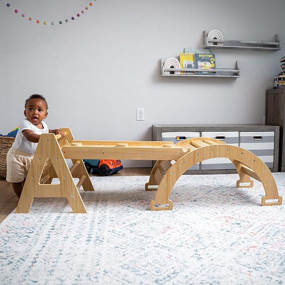 Avenlur Maple 5-in-1 Indoor Baby Climbing Gym, Pikler Triangle Set & Slide | Foldable Montessori climbing set with arch rocker, reversible slide and rock ramp; ages 1-5; New Zealand pine; 132 lb