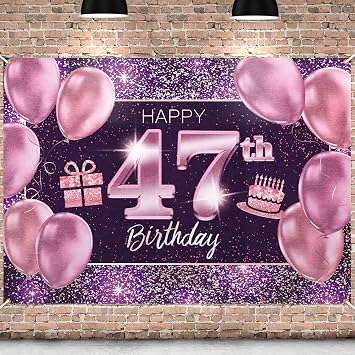 Happy 47th Birthday Banner Backdrop - 47 Birthday Party Decorations Supplies for Women - Pink Purple Gold 4 x 6ft