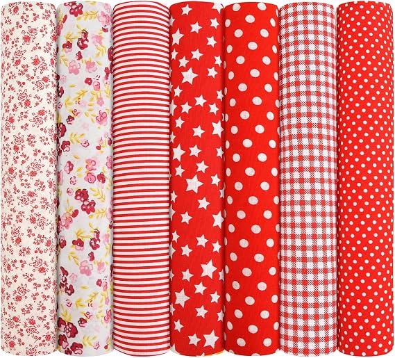 7pcs Fabric Bundles, 20"x20" Cotton Quilting Fabric Squares, Red | Soft Durable Material & Stylish Patterns, Floral Precut Squares Patchwork for Quilting, Sewing, DIY Crafts, Mask, Home Décor