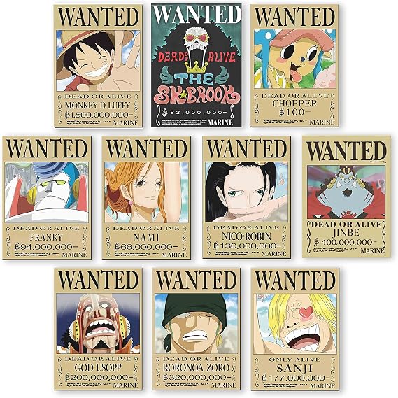 One Piece Wanted Posters, New Edition, Straw Hat Pirates Crew Luffy Chopper Zoro Nami Usopp Sanji Jinbe Franky Brook Robin(10pcs)