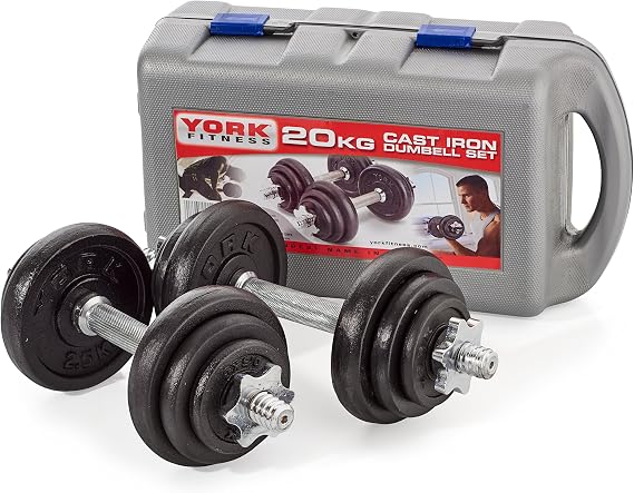 York Fitness Cast Chrome Dumbbell Spinlock - Adjustable Dumbbell Free Weights Set Perfect Hand Weights for Bodybuilding Weightlifting Barbell Weights Home Gym Equipment (Pack of 2) - Black, 20kg