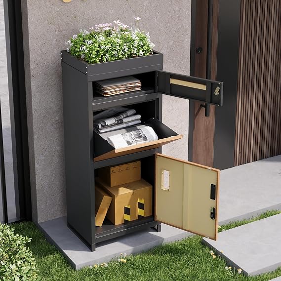 Large Parcel Box Outdoor, Post Box with Combination Lockfor Added Security, Parcel Mailbox with Flower Bed, Lockable Parcel and Letter Storage Cabinet, Grey+Wood