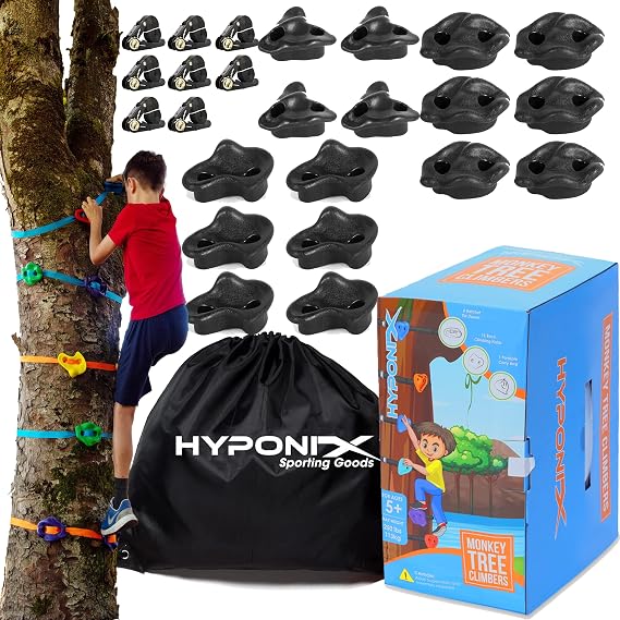 Hyponix Ninja Tree Climbing Kit for Kids, 16 Large Rock Holds & 8 Ratchets | CPC Certified Safety, 250lb Capacity, 10-Minute Setup, Textured Grips, Portable Bag, Backyard Fun & Ideal Gift for Kids