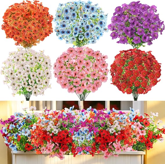 12 Bundles Artificial Flowers Outdoor, 6 Colors UV-Resistant Artificial Flowers, No Fade Plastic Faux Plants for Indoor Outside Garden Porch Window Box Farmhouse Wedding Decoration Hanging Planters