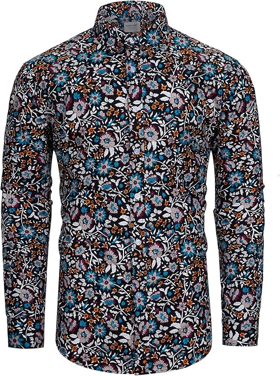 TUNEVUSE Men Floral Dress Long Sleeve Button Down Patterned Shirt Cotton