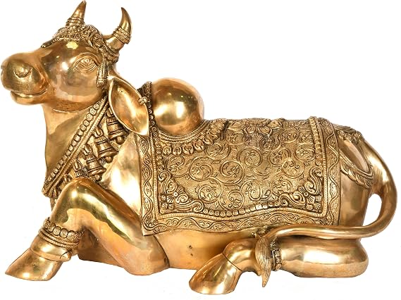 Exotic India Fine Nandi - The Gate-guardian of Kailasagiri, The Abode of Shiva - Brass Statue - Color Natural BrassColor