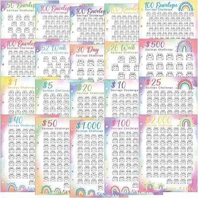 Jetec 20 Sheets Money Saving Challenge Binder Trackers with 6 Perforated Holes for 6 Ring A5 Binders 100 Envelopes Tracker Cards Money Savings Challenge Budget Planner to Save CashGradients Style