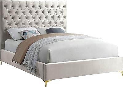 Meridian Furniture Cruz Collection Modern | Contemporary Velvet Upholstered Bed with Deep Button Tufting and Complete Sets of Gold and Chrome Legs Included, King, Cream