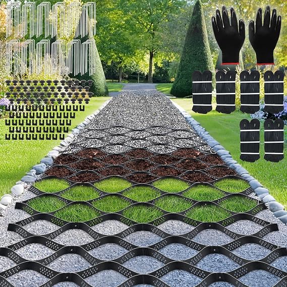 Gravel Grid 120ft X 4ft, 2'' Depth Geogrid Ground Grid for Gravel Driveway | 120 Geo Cell Accessories & Gloves, 1900 Lbs/Sq Ft Load Geo Grid for Ground Walkway, Patio, Parking, Slopes,Garden