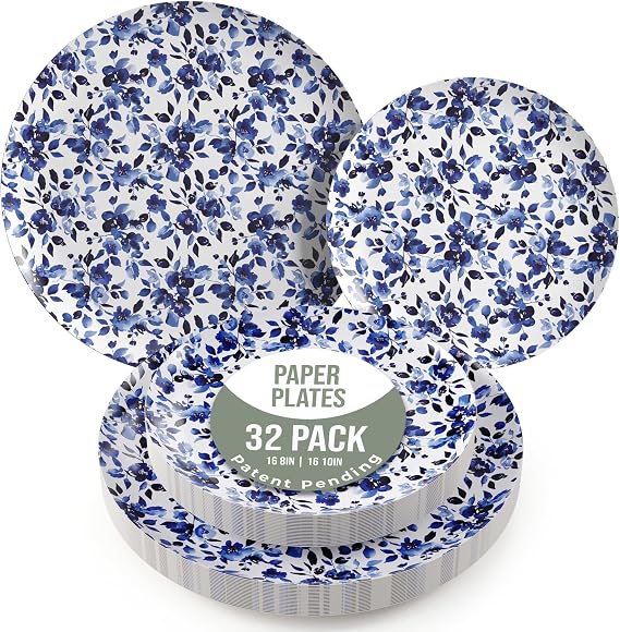 Trendables Heavy Duty Paper Plates Set For 16 Guests - 16 Each Of 8-inch And 10-inch Plates For Party - Fancy 32 Piece Dinnerware Set For All Occasions | Floral Design, Bluebelle
