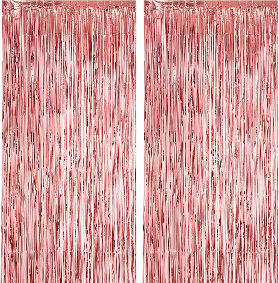 Voircoloria 2 Pack Rose Gold Foil Fringe Backdrop Curtains, Tinsel Streamers Birthday Party Decorations, Fringe Backdrop for Graduation, Baby Shower, Gender Reveal, Disco Party