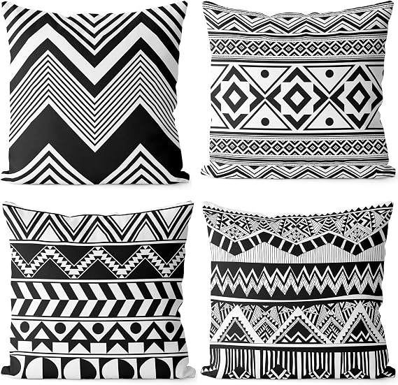 BEDSUM Black and White Throw Pillow Cover 18 x 18 Inches Set of 4, Microfiber Decorative Cushion Cover, Square Pillow Cover with Bohemian Plaid Geometric Pattern for Couch, Office Chair, Living Room