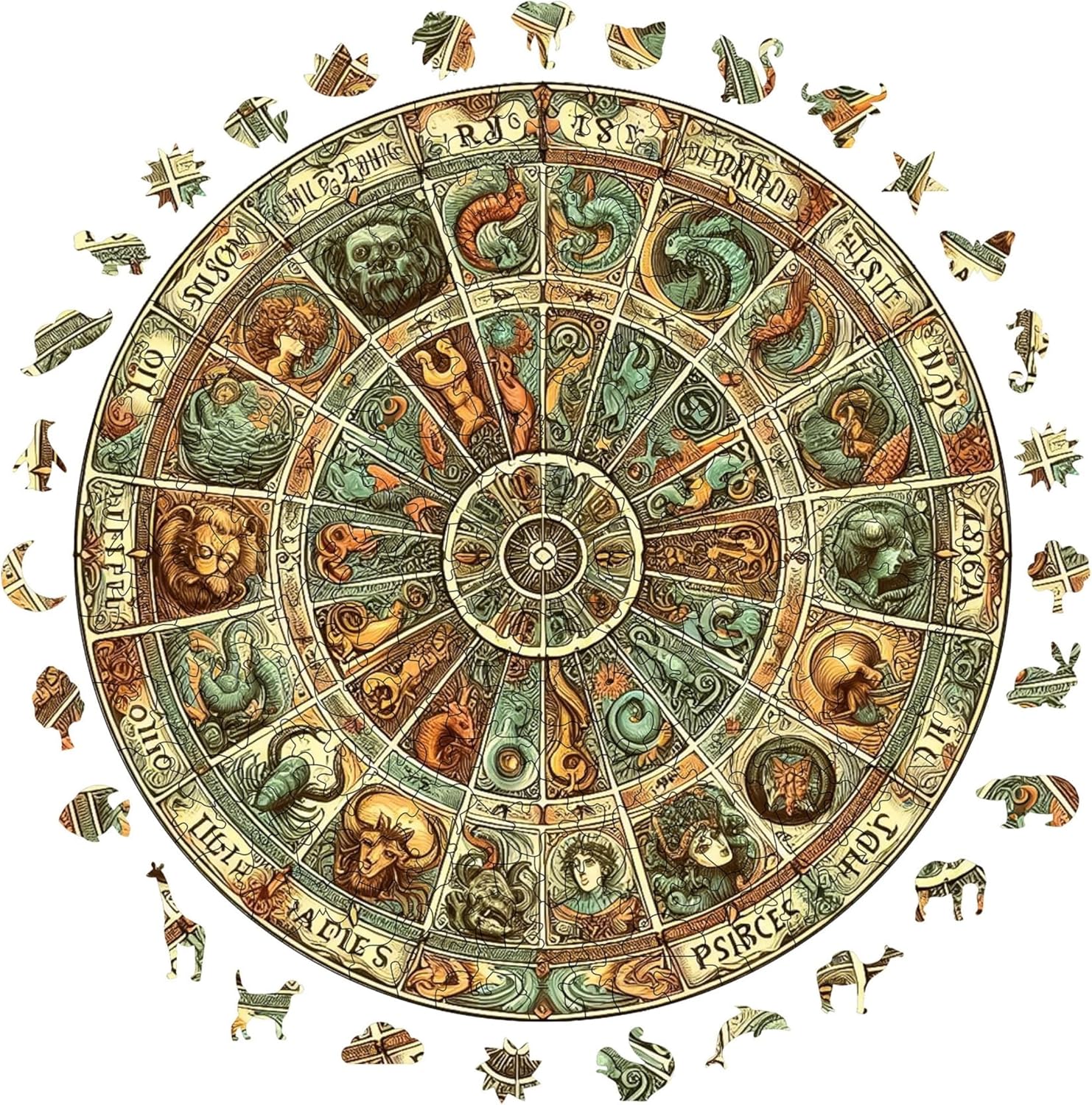 Ahşap Puzzle Yetişkin - Antik Zodyak Çarkı - 252 Parça, 29 x 29 cm - Yapıştırıcı Folyo Dahil - Benzersiz Şekilli Parçalar & Özel Figürler - A1-10