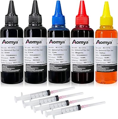 Aomya 500ml Universal Dye Ink Refill Kit for HP Canon Epsn Bro Lexmark Printers Compatible Cartridges Refillable Cartridge CISS CIS System 4 Color Set with 4 Free Syringes 2BK, C, M, Y