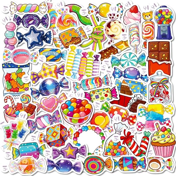 Candy Stickers for Scrapbooking and Journaling, 50 Vinyl Cartoon Sweet Stickers with Colourful Dessert Designs for Teens and Adults, Creative DIY Decoration for Laptops, Water Bottles