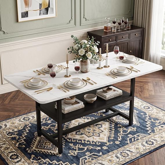Large 71-Inch Rectangular Dining Table for 6-8 with Storage Shelf