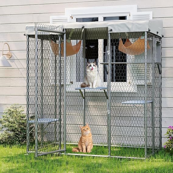 Large Outdoor Catio 79'' Cat Enclosure with 4 Platforms, Hammock, Condo and Waterproof UV-Resistant Roof, Outdoor Walk-in Metal Cat Patio Shelter for Multiple Cats 76''h