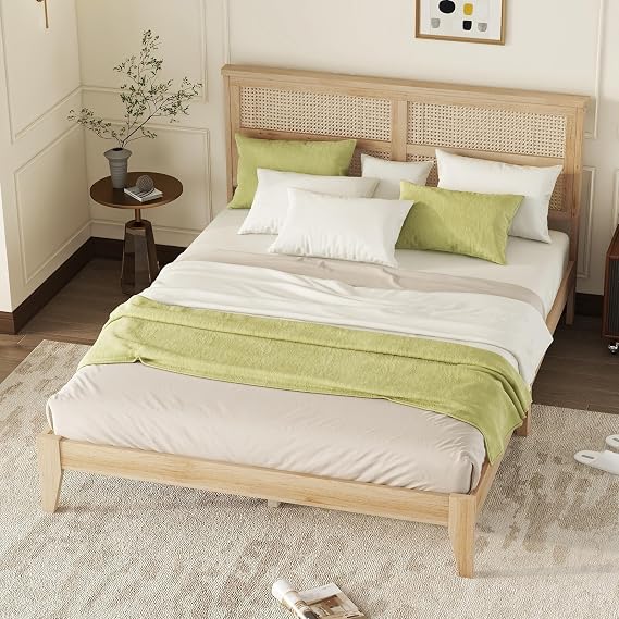 RuiSiSi Queen Size Rattan Bed Frame, Mid Century Modern Rattan Bed with Under-Storage and Support Legs, No Box Spring Needed, White Oak