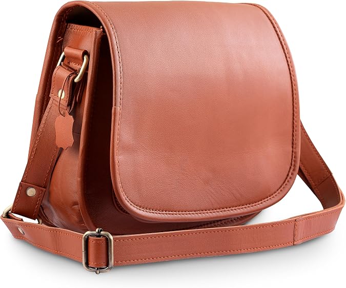 Full Flap Leather Shoulder Crossbody Bags for Women, Vintage Saddle Handmade Sling Cross-Body Saddlebag Tablet Executive Purses for Office, 10 inch, Camel Brown