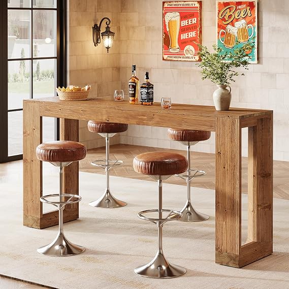 63-Inch Solid Wood Bar Table, Narrow Long Counter Height Pub Dining Table, Farmhouse Rectangular Home Coffee Bar Units for Kitchen, Dining Room, Living Room, Bistro, Brown