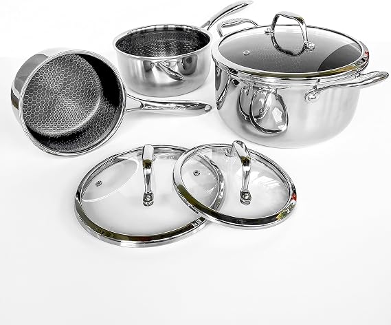 Cooksy 6 Piece Pot Set Honeycomb Surface Hybrid Stainless Steel 1.5, 3, and 6 Quart Pots with Lids