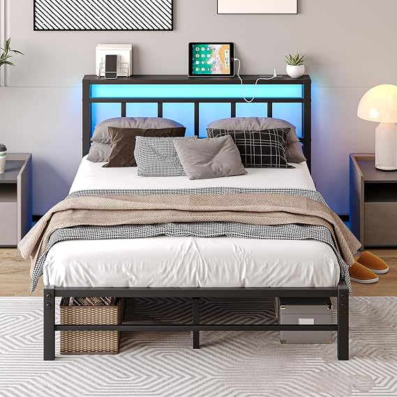 4ft6 Double Bed Frame with Storage Headboard and Charging Station,Metal Bed Frame Double Bed with LED Lights,Strong Steel Slats Support,Underbed Storage,Noise Free,Black Bed 135x190cm