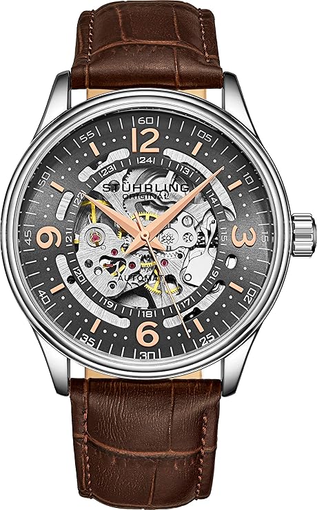 Stuhrling Original Men's Automatic Skeleton Dress Watch with Genuine Leather Band Automatic Mechanical Movement, Braun, Strap