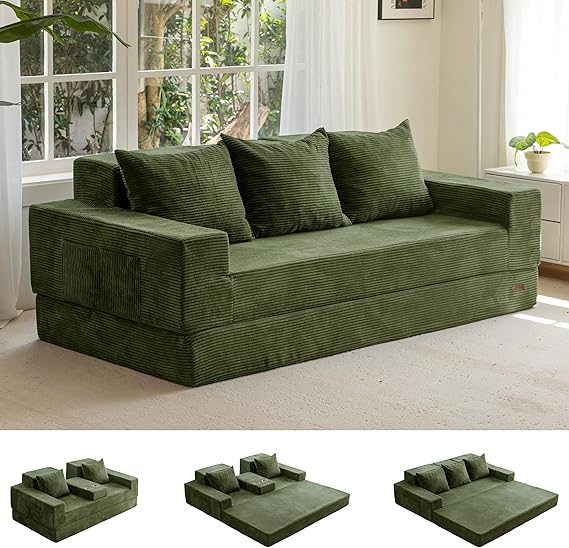 MAXYOYO Folding Sofa Bed, Corduroy Floor Couch with Cup Holder | Convertible Sleeper Sofa Bed with Cup Holder and Pillows, Lazy Compression Sofa for Living Room, Bedroom, Guest Room