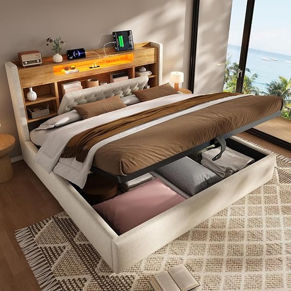 Super King Size Ottoman Bed Frame with Storage, Hydraulic Lift Up Bed with Charging Station & LED Lights, 6ft Upholstered Platform Bed Frame with Multifunctional Storage Headboard & Slats,Linen,Beige