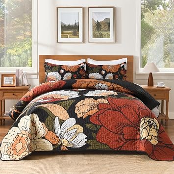 Andency Floral Boho Quilt King Size Bedding Set Black, 3 Pieces Farmhouse Flower Botanical Summer Bedspreads with 2 Shams, Soft Reversible Lightweight Polyester Coverlet Set for All Season, 106"x96"