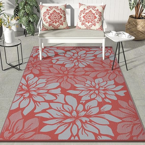 GENIMO Outdoor Rug, Waterproof Plastic Rugs for Patio, 5'x8' Red Grey