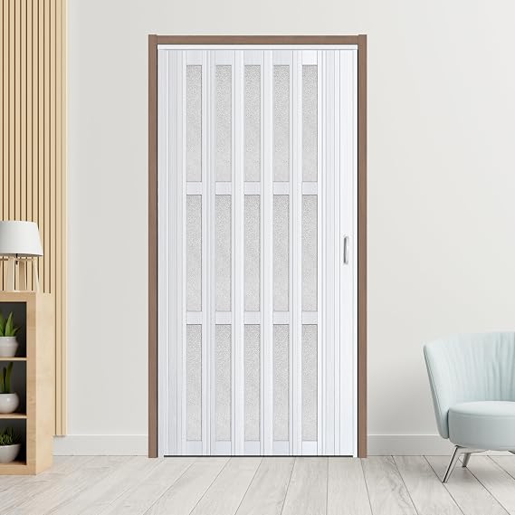 CCBOYSHARDWARE 48" x 80" Accordion Door with Frosted Window and Lock, White | Double-layer PVC, Space-saving folding door,Easily trimmable, Complete hardware kit included, Waterproof and easily clean