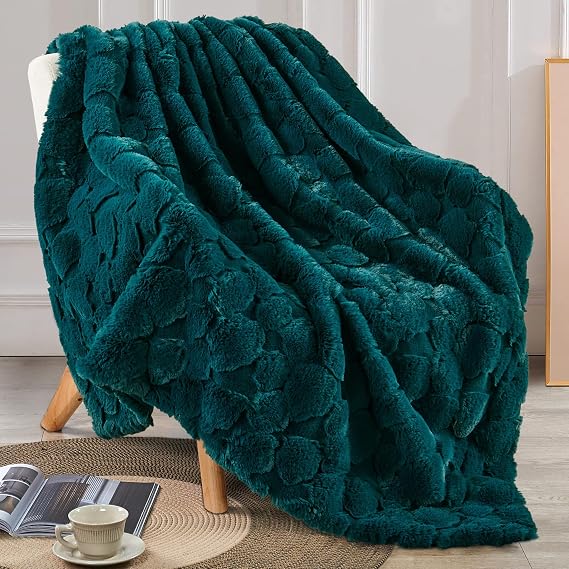 Home Soft Things Cloud Carved Faux Fur Throw with Micromink Back, Warm Plush Decorative Blanket for Couch, Furry Fluffy Cozy Throw for Living Room Bedroom, 50'' 60'', Teal