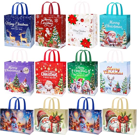 12 Pack Large Christmas Tote Bags, Reusable Christmas Bags for Presents, 8 Large 14", 4 Medium 10" Waterproof Non-Woven Bag for Gifts Wrapping Shopping, Xmas Party Supplies