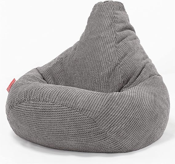 Lounge Pug Highback Gaming Bean Bag Chair, Charcoal Grey, Recliner Gamer Seat, Plush Waffle Texture Pom Pom Fabric, Adult Living Room Bedroom