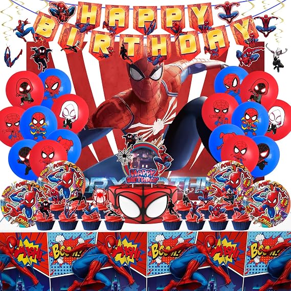 70PCS Spider Birthday Decorations ,Party Supplies for Kids Boys | Include Happy Birthday Banner,Backdrop,Tablecover,Cake Toppers,Cups,Plates,Spiral Charms,Latex Balloons